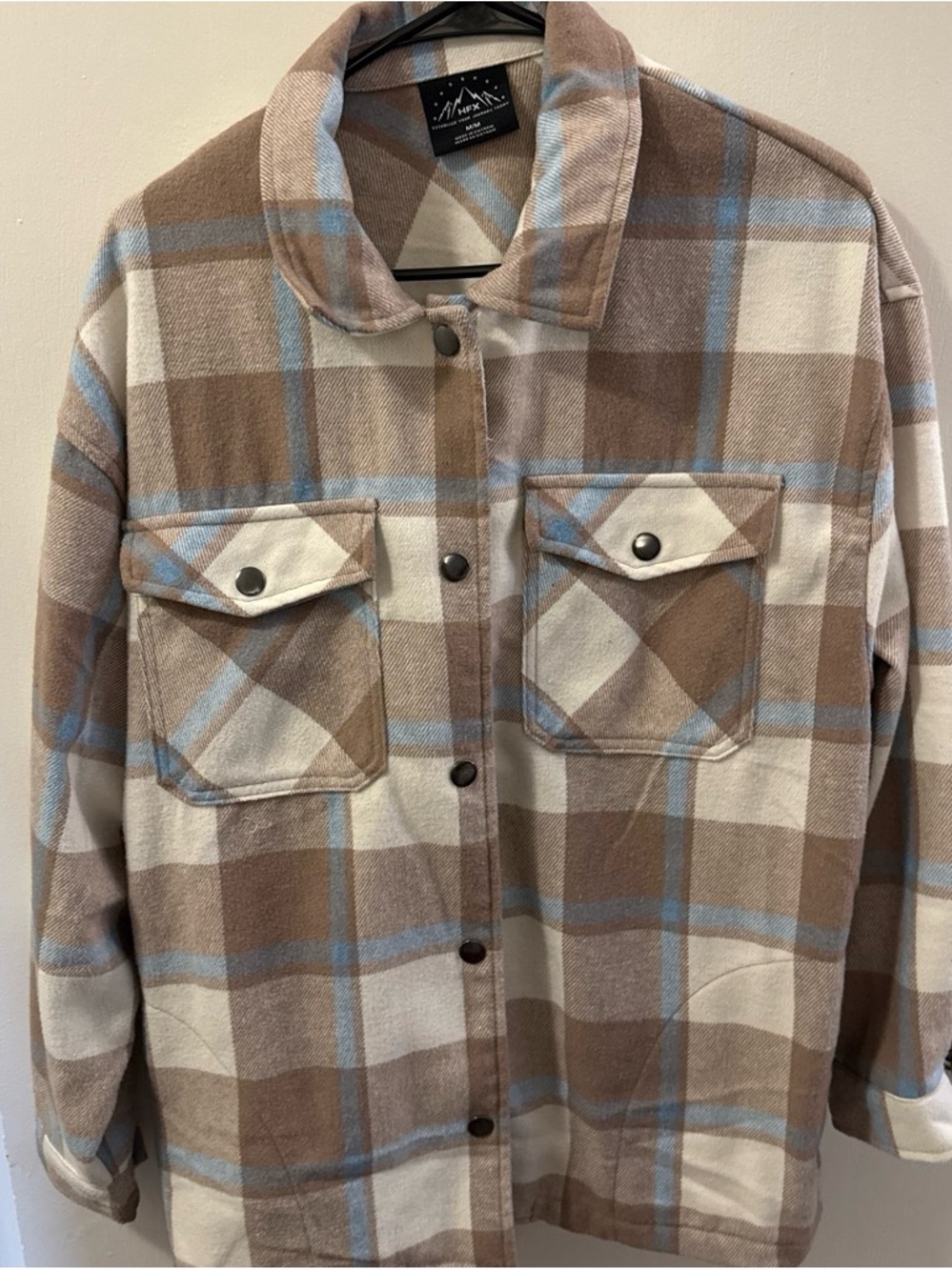 Plaid Lightweight Shacket in Brown, Cream & Light Blue